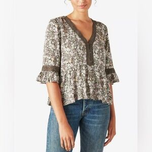Lucky Brand Floral V-Neck Ruffle Top Lace Detail
